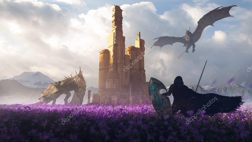 Epic hero elf knight in a purple flowers field fight with two big dragons in defense of a tower castle in beautiful sunlight - concept art - 3D rendering