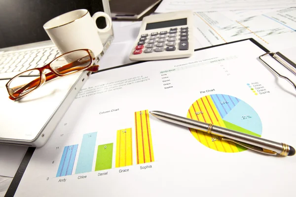 Pénzügyi Táblázatok Grafikonok Asztalra Irodai Munka Terület — Stock Fotó