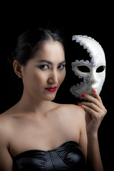 Woman in mask on color back — Stock Photo, Image