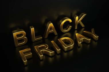 Kara Cuma, satışlar ve indirimler sezonu için arka planda altın harfler, 3D yorumlama.