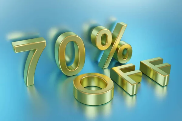 Seventy Percent Discount Gold Letters Blue Shiny Cyan Background Rendering — Stock Photo, Image