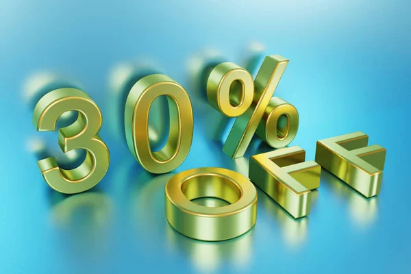 thirty percent discount, 30% off, with gold letters on a blue shiny cyan background, 3D rendering, sale poster