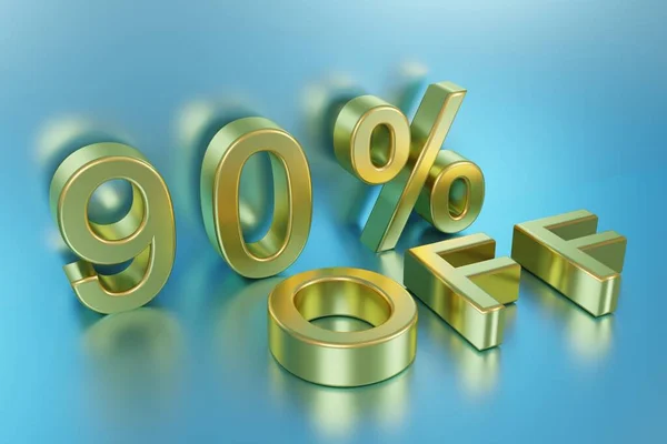 ninety percent discount, 90% off, with gold letters on a blue shiny cyan background, 3D rendering, sale poster