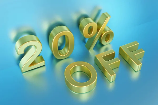 Twenty Percent Discount Gold Letters Blue Shiny Cyan Background Rendering — Stock Photo, Image