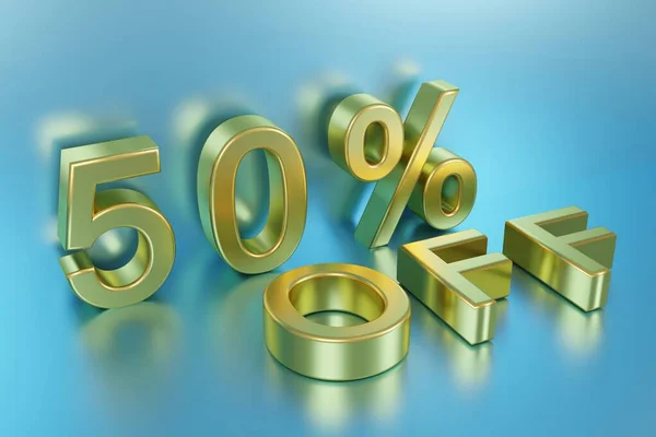 fifty  percent discount, 50% off, with gold letters on a blue shiny cyan background, 3D rendering, sale poster