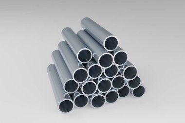 Gri üzerinde yuvarlanan metal elementlerin gri, soyut teknolojik arka planında izole edilmiş metal borular yığını