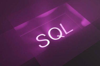 luminous SQL inscription on a dark background in a box with a ray effect, the concept of educational courses and the use of databases, 3d rendering
