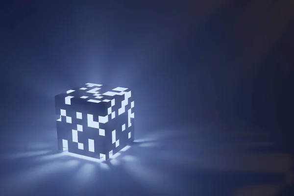 Куб Квадратными Отверстиями Белым Синим Светом Черном Фоне Мистическая Иллюстрация — стоковое фото