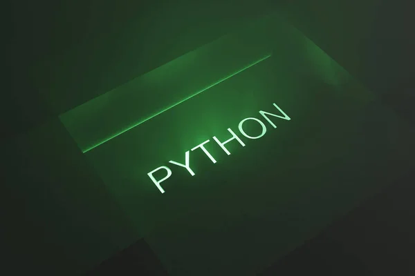 luminous PYTHON inscription on a dark background in a box with a green ray effect, the concept of educational courses and the use of programming languages, 3d rendering