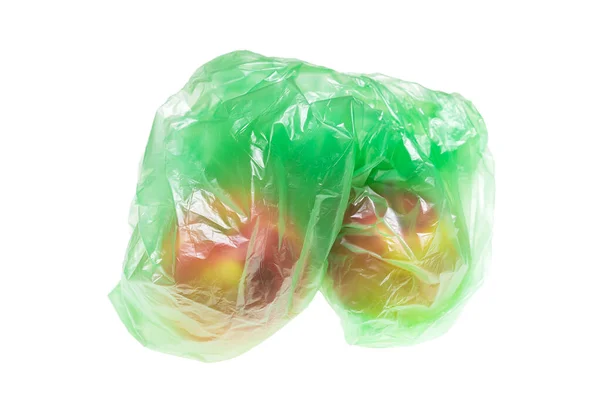 Saco Plástico Verde Feito Material Biodegradável Com Maçãs Interior Isoladas — Fotografia de Stock