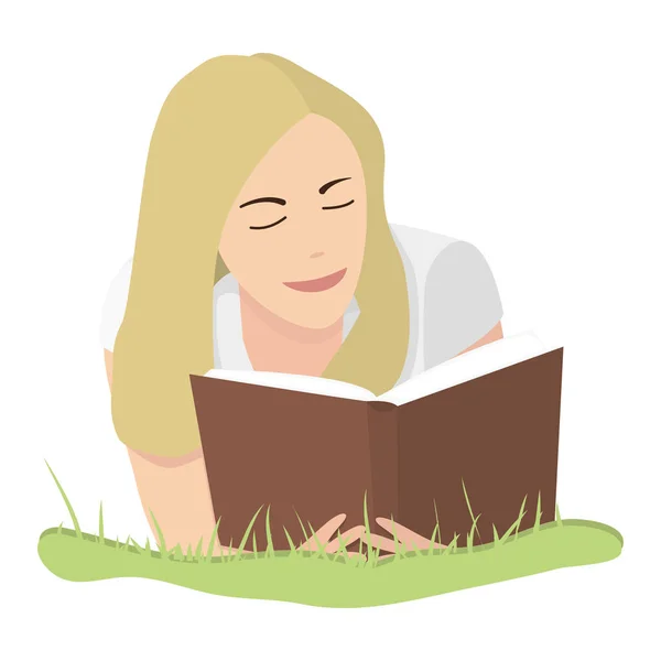 Una Chica Con Pelo Rubio Acostado Hierba Está Leyendo Libro — Vector de stock