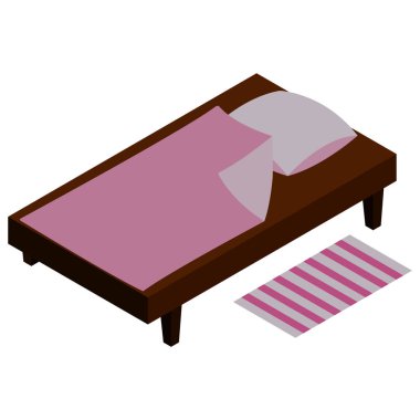 Tek kişilik yatak, açık leylak keten, yastık ve battaniye, yerde ayak paspası, perspektifsiz izometrik hacimli nesne.
