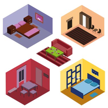 farklı renklerde izometrik tarzda birkaç oda