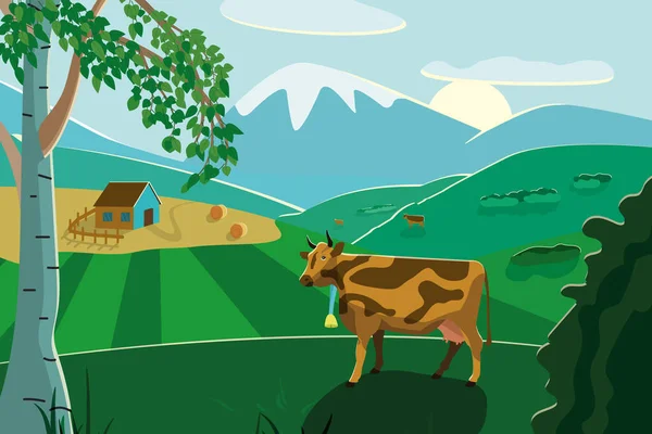 Tarlaları, inekleri ve evleri, huş ağacı ve çalıları, arka planda dağ sivrisinekleri olan kırsal bölgeler.