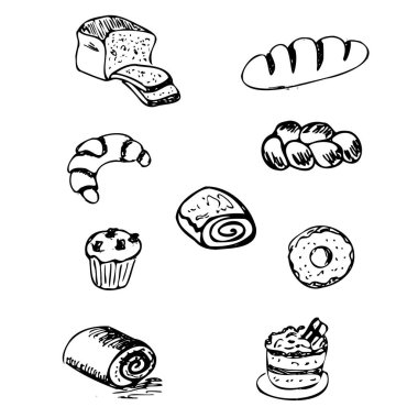 Yemek, ekmek ve kek, ekmek ürünlerinin siyah ana hatları.