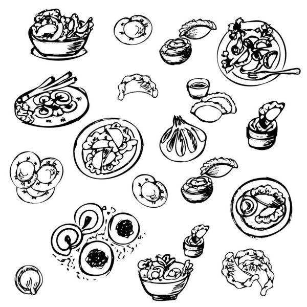 Пельмени, вкусная сибирская еда, манти, пельмени и пельмени с соусами