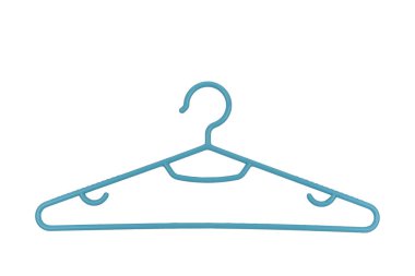 Beyaz arka planda mavi renkli kıyafetler için plastik askı. 