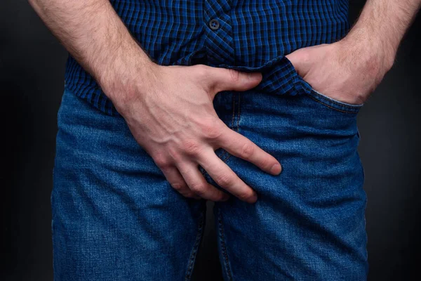 Man Holds His Hand His Crotch Close — Stock Photo, Image