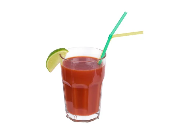 Verre Jus Tomate Avec Une Tranche Citron Vert Sur Fond — Photo