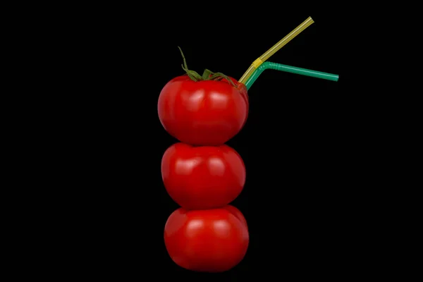 Uma Pilha Três Tomates Com Tubos Cocktail — Fotografia de Stock