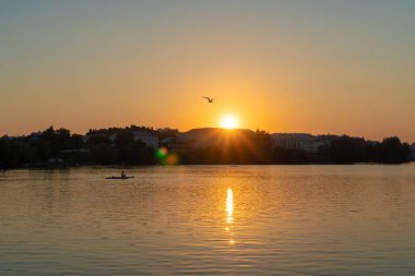 Küreğiyle sörf tahtasında yüzen bir adamın silueti. Denizde şafak güneşi. Yatak başlığında yüzmek. Su sporları. Güzel manzara. Şehirde günbatımı. Okyanus kıyısında. Boşluğu kopyala.
