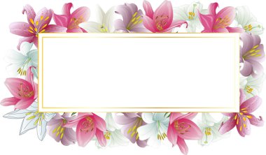 Sahte davetiye, boş tebrik kartı ve zambak çiçeği. Düz yatış, üst görünüm