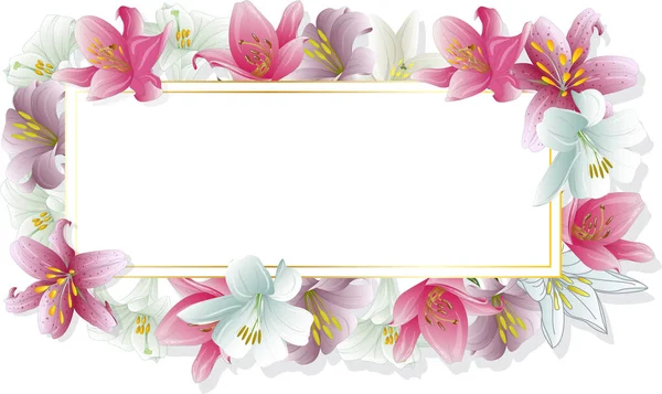 Convite Mockup Cartão Branco Flores Lírio Deitado Plano Vista Superior — Vetor de Stock
