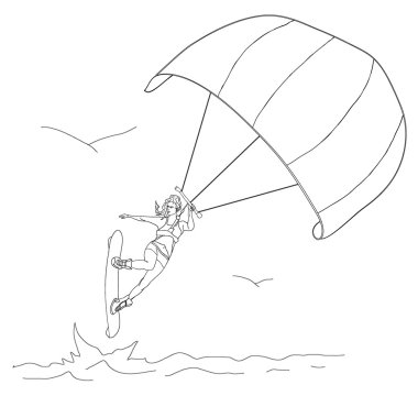 Bir kız ve bir uçurtma silüeti. Kitesurfing