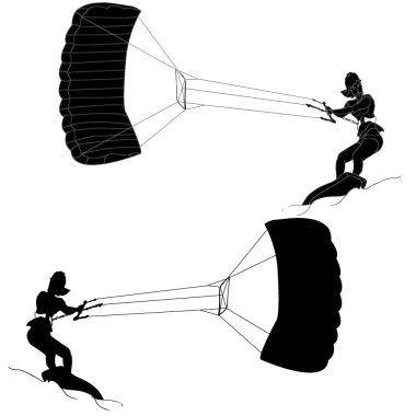 Bir kız ve bir uçurtma silüeti. Kitesurfing