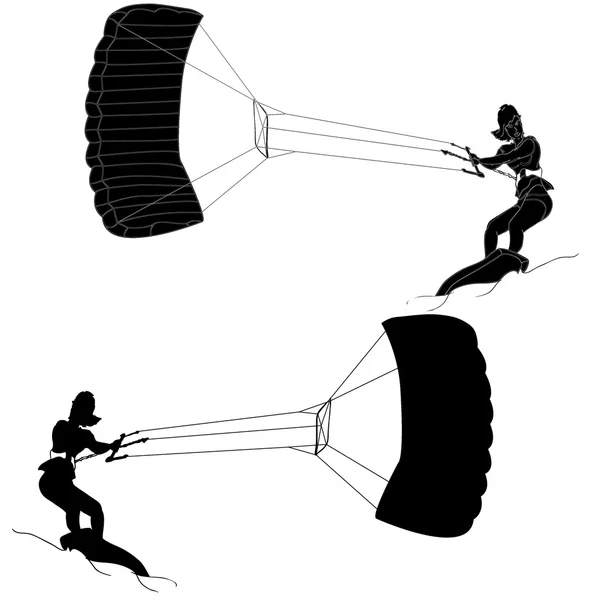 Silhouet van een meisje en een vlieger. Kitesurfen — Stockvector