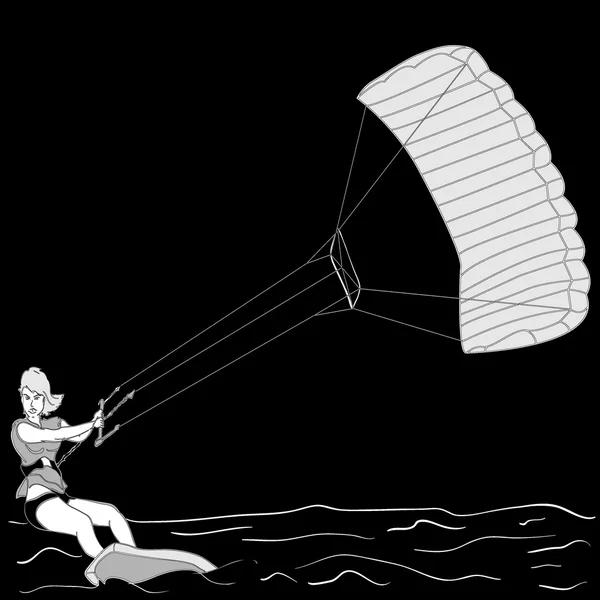 Bir kız ve bir uçurtma silüeti. Kitesurfing — Stok Vektör