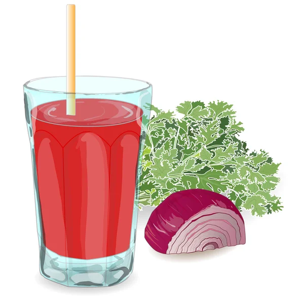 Vector fresh tomato juice. Onion. Parsley — Stock Vector