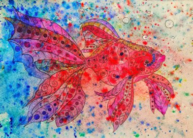 Muhteşem kırmızı ve pembe balıklı, mavi arka planda gür kuyruklu güzel bir baskı..