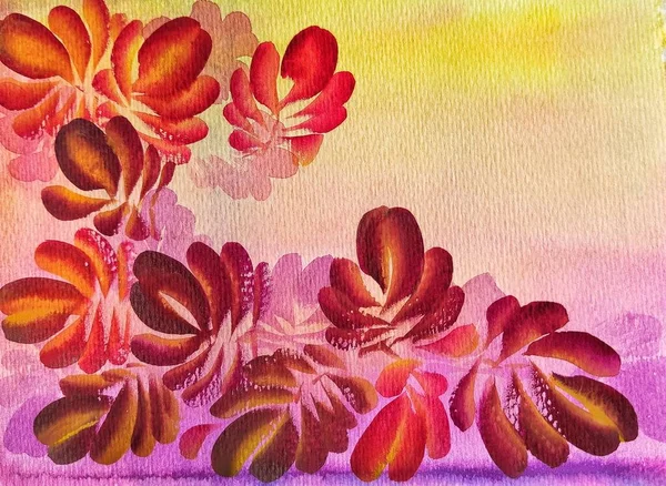 Saudação Cartão Aquarela Artesanal Com Flores Tropicais Ornamentos Curlicues Salpicos — Fotografia de Stock