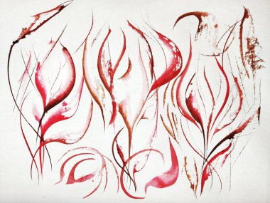 Yeni orijinal arkaplan dokusu, kırmızı ve siyah laleli baskı, beyaz arka planda yapraklar ve çiçekler. Yaz baskısı. Sonbahar baskısı.