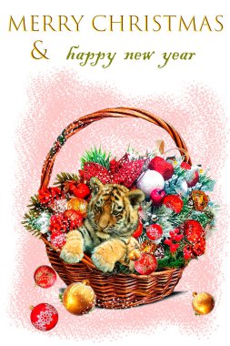 İçinde Noel ağacı dalları, oyuncaklar, kanatlar, yaylar ve Noel baloları olan bir sepetin içinde küçük bir kaplan olan yeni yıl kartı..