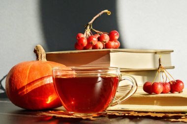 Bir fincan sıcak çay, sonbahar yaprakları ve ahşap arka planda meyveler. Kitaplar, böğürtlenler, balkabakları. Ev konforu. Sonbahar havası. Seçici odaklanma. Boşluğu kopyala