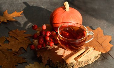 Bir fincan sıcak çay, sonbahar yaprakları ve ahşap arka planda meyveler. Kitaplar, böğürtlenler, balkabakları. Ev konforu. Sonbahar havası. Seçici odaklanma. Boşluğu kopyala