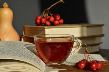 Bir fincan sıcak çay, sonbahar yaprakları ve ahşap arka planda meyveler. Kitaplar, böğürtlenler, balkabakları. Ev konforu. Sonbahar havası. Seçici odaklanma. Boşluğu kopyala