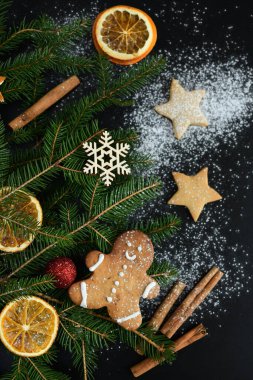 Kar taneleri, baharatlar, şeker kamışı, köknar ağacı ve zencefilli kurabiyelerle dolu karanlık Noel arkaplanı. Uzayı metin için kopyala. Noel duvar kâğıdı, kartlı hediyeler, ekolojik dekoratif odaklanma. Boşluğu kopyala