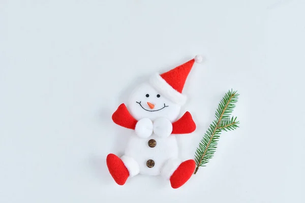 Snowman Figurine White Background Spruce Twigs New Year Christmas Card — Stock Photo, Image
