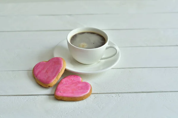 Cup Coffee Gingerbread Form Hearts Breakfast Valentine Day March — Stock Photo, Image