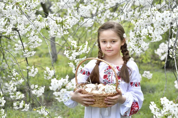 Девочка Традиционной Вышитой Рубашке Цветущем Вишневом Саду Ребенок Цветными Яйцами — стоковое фото