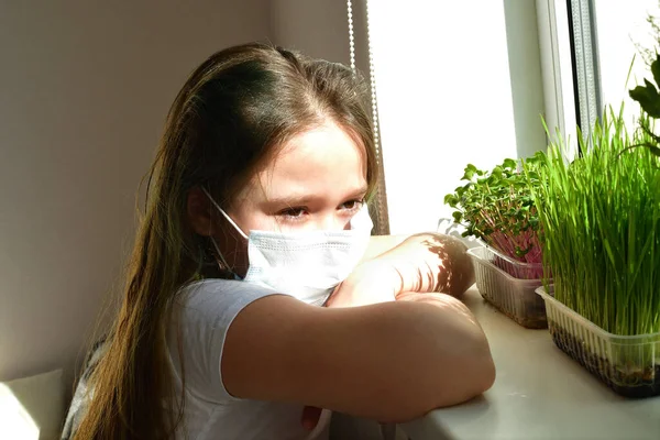 窓辺の植物に水をやる保護マスクのヨーロッパの女の子は 植物の世話をします 箱の中のマイクログリーンと窓辺の噴霧器選択的な焦点 — ストック写真