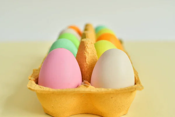 Colorful Eggs Yellow Cardboard Tray Willow Bouquet Easter Decorations Spring — Stock Photo, Image