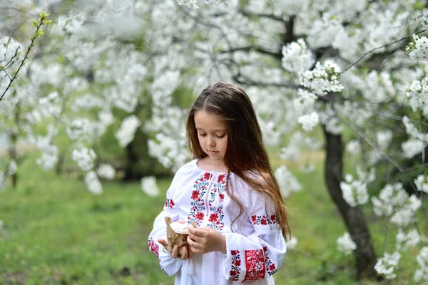 Девочка Традиционной Вышитой Рубашке Цветущем Вишневом Саду Ребёнок Традиционным Пасхальным — стоковое фото