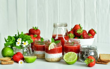 Çilekli ev yapımı peynirli kek ve cam kavanozda süzme peynir kremi. Taze yeşil limon, beyaz arka planda nane ve chia. Seçici odak noktası.