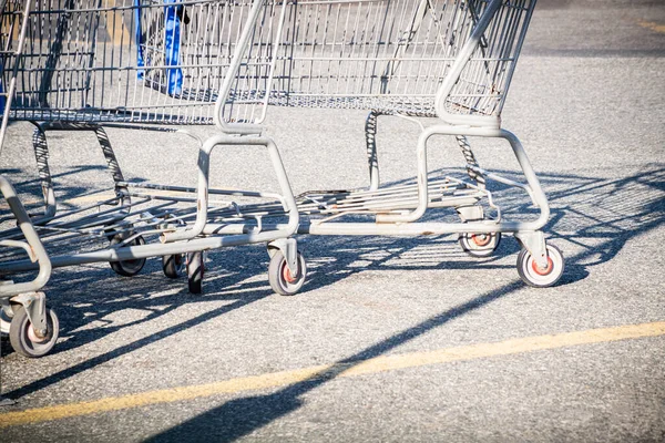 A close-up shot of a shopping cart at the parking lot of a grocery store.