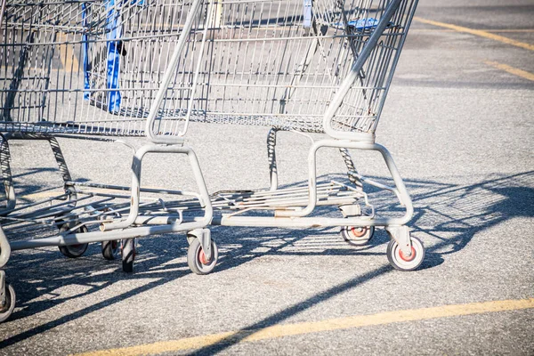 A close-up shot of a shopping cart at the parking lot of a grocery store.