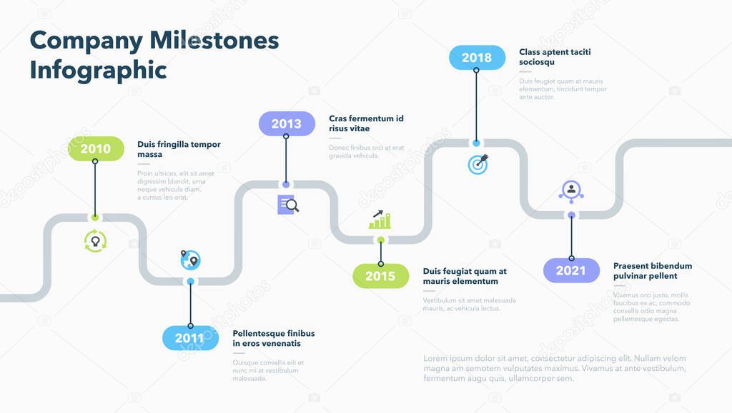 Modern infographic for company milestones timeline. Easy to use for your website or presentation.